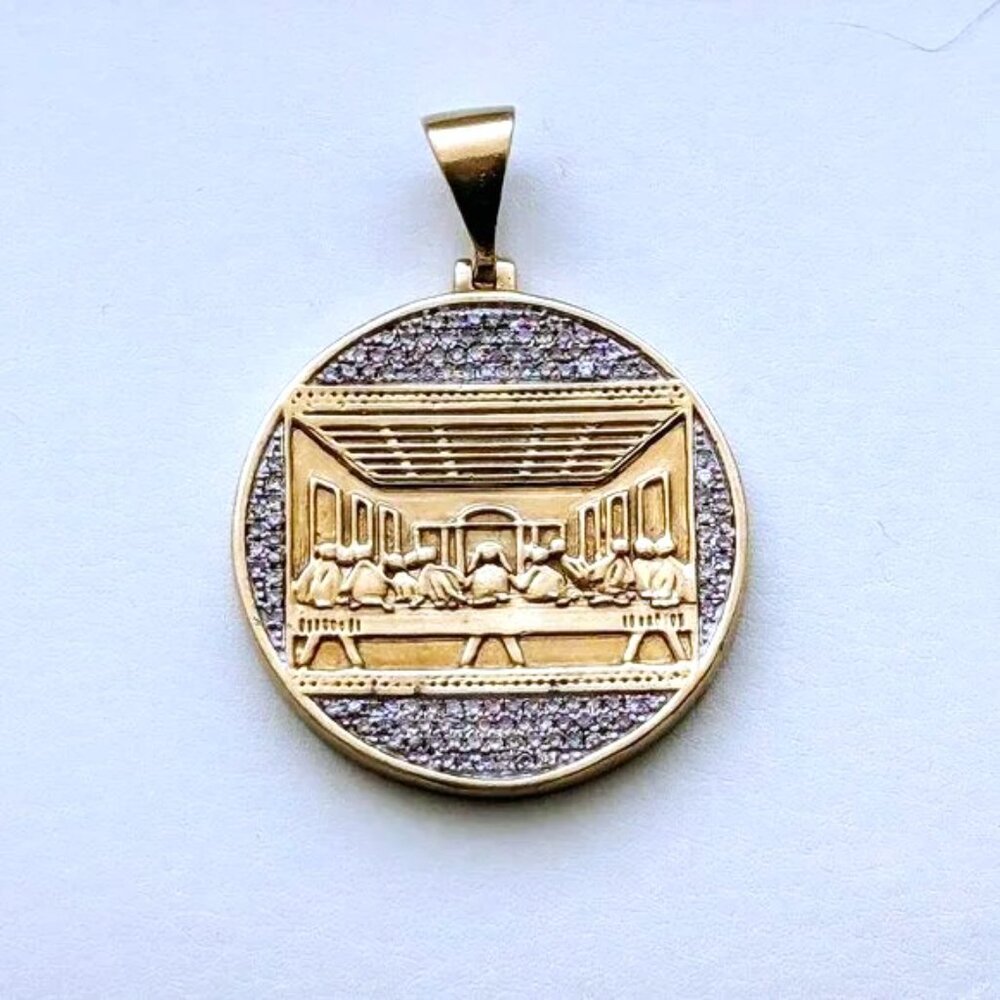 10K Yellow White Gold 1/2 CT Diamond Last Supper Jesus Medallion Men's Pendant